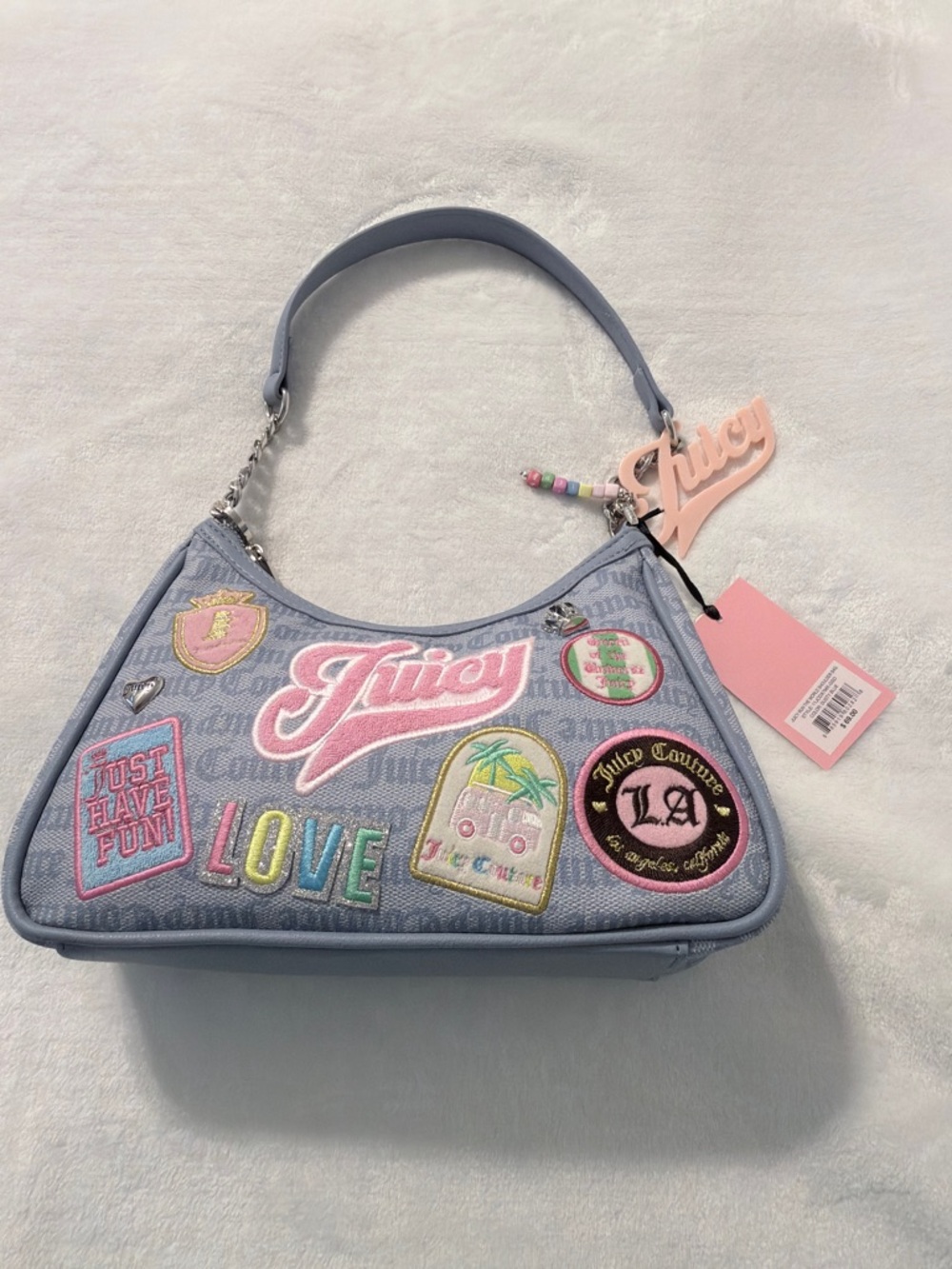 Juicy Couture Run the World Light Blue Patchwork Logo Shoulder Bag